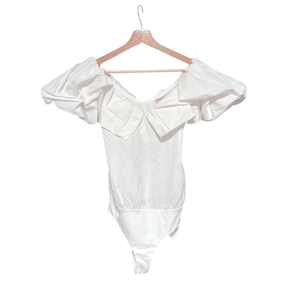 Square Bear Tops - Square Bear “Never Too Much” White Puff Sleeve Bodysuit • NWT • Size S
